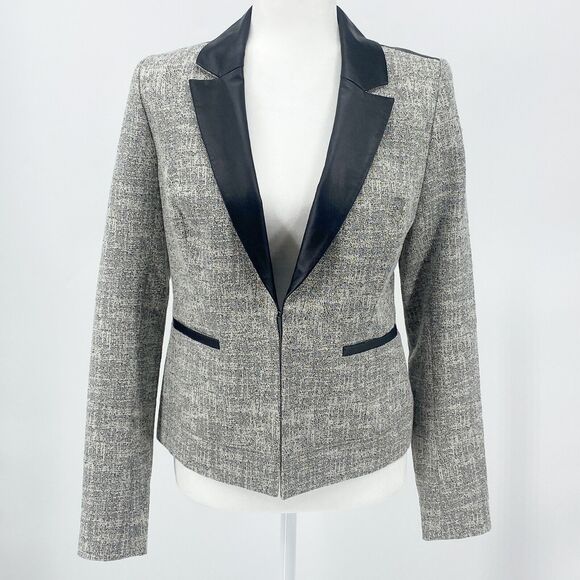 Classiques Entier Grey Blazer Black Leather Lapel Jacket Small Quiet Luxury - Picture 1 of 16
